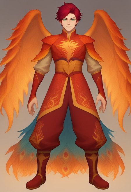 score_9, score_8_up, score_7_up, 8k, best quality, charturnerv2, sz4d3k, 1boy, even skin tone, cell shaded, male focus, indirect lighting, detailed face, detailed eyes, detailed, Expressiveh, adult male, Suzaku, red hair, green eyes, Phoenix garb, red pants, Peacock tail, boots, smile, solo, alone, full body, wings of fire, f1r3wings, fire, fighting stance, standing,