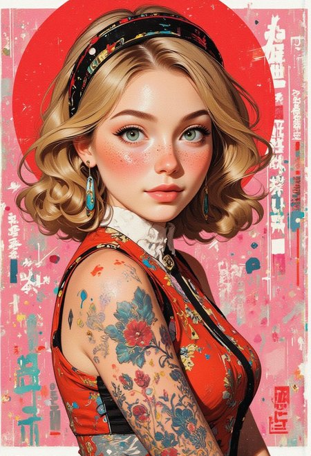 score_9, score_8_up, score_7_up, realistic, elle,  cute, petite, (big beautiful eyes:1.2), gorgeous girl, cute face, 18yo, blue eyes, freckles, blonde, medium length hair, medium breasts, earrings, cute smile, breathtaking beauty. Japanese woman. Girl posing.  Ink, abstract, punk collage, graffiti, kanji characters, glitch effect. Surrealism, expressionism. resistance. simple details, masterpiece, best quality. Full body, pink, red and white color palette. soft lighting. by Franz Marc and Max Ernst.looking at the viewer, Elle, Midjourney style, Anime art, dream bubble, Be_luminous