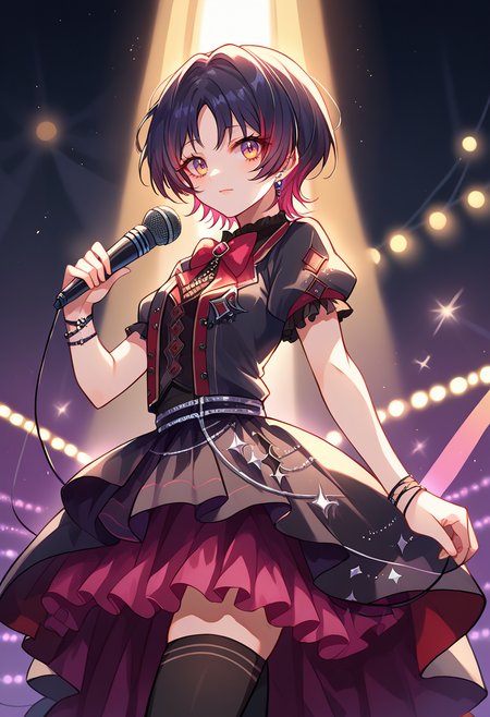 score_9, score_8_up, source_anime, 1girl, solo, KisaragiRen, multicolored hair, short hair, parted bangs, idol, idol uniform, bowtie, skirt, brooch, dress, concert, on stage, frilled skirt, jewelry, layered dress, short sleeves, midriff, thighhighs, microphone, holding microphone, stage lights, <lora:ChamKisaragiRenPonyXL:1>