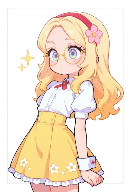 incredibly_absurdres, amazing_background, best quality, pastel_colors, bright_colors, colorful, soft_colors, chibi, star_(symbol), sparkle, white border, 1girl, blonde_hair, blue_eyes,  cowboy_shot, cross_tie, expressionless, eyewear_strap, flat_chest, floral_print, flower, frilled_skirt, frills, from_side, glasses, hair_flower, hair_ornament, hairband, long_hair,  puffy_short_sleeves, puffy_sleeves, red_cross_tie, red_hairband, round_eyewear, shirt, shirt_tucked_in, short_sleeves, simple_background, skirt, solo, uncensored, white_background, white_shirt, white_wrist_cuffs, wrist_cuffs, yellow-framed_eyewear, yellow_skirt, kawaii_babes_style, SNRA-illu