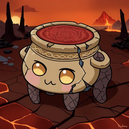 score_9, score_8_up, score_7_up BREAK source_cartoon, <lora:Doro_X_PDXL_V1:0.9> [doro, creature, :3, chibi, four legs, all fours, solid circle eyes, no pupils::0.6], brown skin, cracked skin, <lora:ifalexander:1> RythIFAlexanderPony, Alexander \(Elden Ring\), pot guy, outdoors, lava