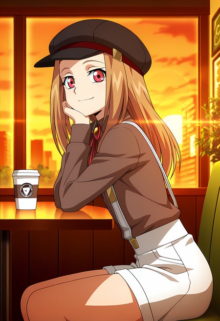 masterpiece,best quality,amazing quality,

solo, face focus,

Noa Hoshizaki (Cardfight Vanguard), long hair, brown hair,

red eyes, cabbie hat, black headwear, brown shirt, collared shirt, neck ribbon, red ribbon, long sleeves, white shorts, suspenders, suspender shorts,

Looking at viewer, big smile, from side,

cinematic, upper body, coffee cup, 

Sit, sitting, glass, sci-fi city, cafe, greenery, 

afternoon, sunset, 

Lens flare, bloom,

Official style, anime screencap, anime coloring,
















