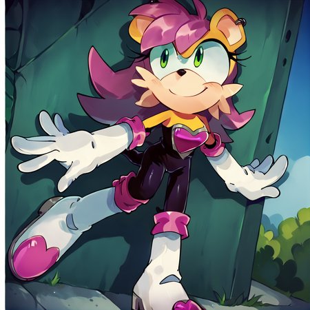 score_9, score_8_up, score_7_up, score_6_up, score_5_up, score_4_up, mina mongoose, <lora:Minamongoose:1>,  yellow fur, green eyes, earrings, smile, outside,  <lora:Rougecosplay:1>, rougecosplay, 1girl, solo, bodysuit, elbow gloves, white gloves, thigh boots, bare shoulders, purple hair, long hair,