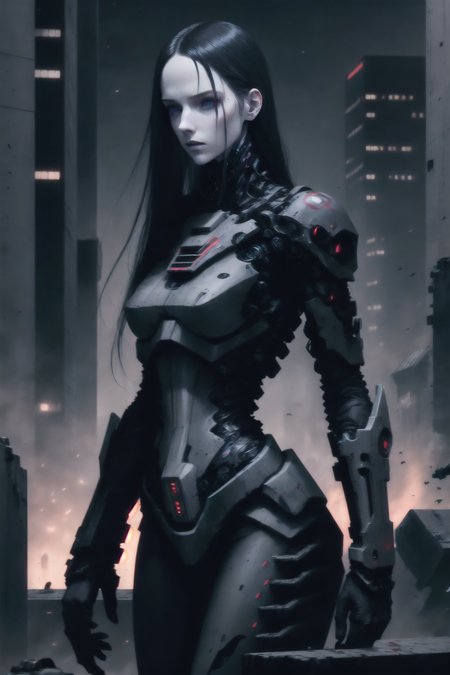 dark colors,RAW photo,realistic,detailed,8k uhd, dslr,sharp,volumetrics dtx, highly detailed,soft lighting,cibo (normal), hair, cyborg, portrait, detailed face, pale skin, tubes, concrete, mega structures, giant buildings ,decrepit scenery,  debris, <lora:blamev2:0.7>