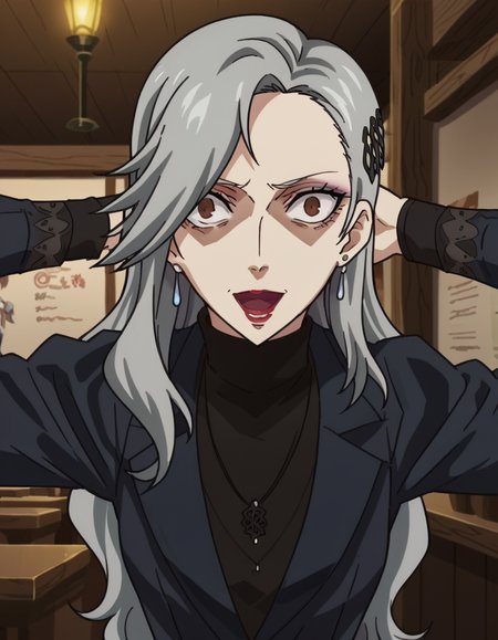 score_9, score_8_up, score_7_up, source_anime, <lora:sae-niijima-s1-ponyxl-lora-nochekaiser:1>, sae niijima, long hair, hair ornament, brown eyes, grey hair, makeup, lipstick, mole under mouth, red lips, medium breasts, mature female, anime screencap, long sleeves, jewelry, jacket, earrings, pants, necklace, coat, turtleneck,, tavern, drinks, rustic, friends, old, smile, <lora:shocked-black-guy-ponyxl-lora-nochekaiser:1> shocked black guy, open mouth, looking at viewer, hands behind head, shaded face,, looking at viewer, solo,, dutch angle, cowboy shot