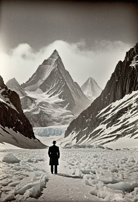antique photo of mountain range in the distance, ice covered jagged mountain peaks, eerie atmosphere, lonely weanderer looking into the distance,  at the mountains of madness, , lovecraft horror