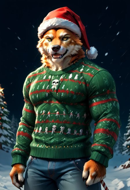 A massive male anthropomorphic bear looms in a snowy battlefield, muscles rippling beneath a hilariously tight, green-and-red-striped Christmas sweater covered in cartoonish snowmen and candy canes. A tattered Santa hat sits on his hulking head, barely staying in place atop his fluffy bear ears. His yellow eyes burn with aggression, and his sharp tusks protrude as he snarls menacingly at the viewer. In his colossal green hands, he wields a blood-drenched double-bladed axe, the blades chipped and stained with evidence of his previous battles. Despite the clear danger he poses, the ridiculousness of his festive attire contrasts sharply with his ferocious expression and the weapon, making him a comical yet intimidating presence
fluffy_new_year, merry_furistmas, monochrome, glow, neon, asdfm3cha, highres, (realistic:1.4), perfect sharpness, male (animal furry), very silky detailed fur, tail, paw, animal ears, neg prompt: lowres,