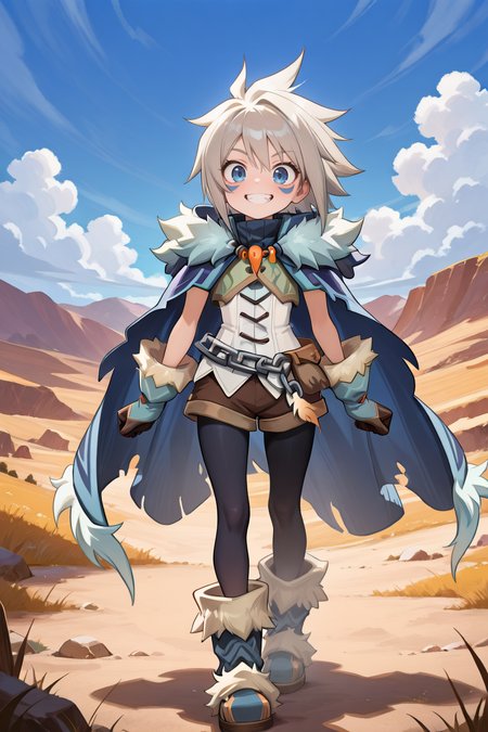 masterpiece, very aesthetic, absurdres, best quality, amazing quality, high resolution, <lora:illustrious_quality_modifiers_masterpieces_v1:0.8> , <lora:ChamIllustriousBackgroundEnhancer:0.5>,   <lora:MilanorIL:0.8> , miladef, 1boy, grey hair, spiked hair, blue eyes, blue facial mark, fur trim, blue cloak, white corset, gloves, chain belt, brown shorts, leggings under shorts, orange tooth necklace, black leggings, blue footwear, full body, exterior, wasteland, day, blue sky, clouds, smile,  looking at viewer, 4k,