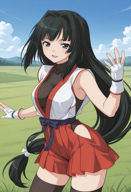 kusanagi_mikoto, black eyes, black hair, long hair, very long hair, low-tied long hair, hair intakes, fingerless gloves, covered collarbone, cleavage, japanese clothes, sleeveless, hakama skirt, red hakama, zettai ryouiki, black thighhighs, <lora:kusanagi_mikoto_illustrious_ver1:0.8> 
smile, open mouth,, masterpiece, best quality, very aesthetic, absurdres, general,, 1girl, solo, blue sky, (grasslands:1.2), looking at viewer,, (cowboy shot, dynamic pose:1.4),