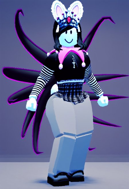 score_9, score_8_up, score_7_up, score_6_up, score_5_up, score_4_up, masterpiece, high quality, realistic, detailed, best quality, pink empty room, solo, rating_nsfw, source_furry, standing, smiling, seductive, looking at viewer, swaying hips, huge breasts, wide hips, thick thighs, full body, molly lexi/queen slender bun_roblox, rabbit, white skin, female, black hair, white lacey ears w/ pink insides, black eyes, smiley face, black tendril wings w/ magenta outlines (4 tendrils on both sides), white tail, 1girl, anthro, silver crown w/ red gems, pink jester collar, black and white crop top w/ white cross, long striped sleeves, high-waisted black and gray plaid mini skirt, gray tights, black mary janes, ripped hem, ripped skirt hemline, high ponytail
