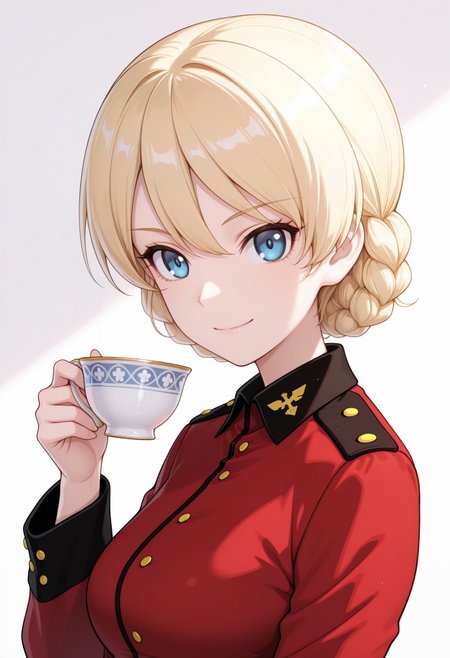 masterpiece,best quality,absurdres,highres,very aesthetic,high quality,detailed,insanely detailed,beautiful,perfect lighting, looking at viewer,
 <lora:Darjeeling illu :0.9>1girl, st. gloriana's military uniform, blonde hair, epaulettes, braid, smile, white background, looking at viewer, holding cup, teacup, upper body, red jacket, short hair, long sleeves, simple background, blue eyes, closed mouth,