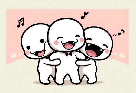 ch0rus_RH, 3boys, clone, multiple boys, lineup, no nose, white skin, solid circle eyes, black eyes, :3, smile, open mouth, fangs, tongue, masterpiece, absurdres, amazing quality, ultra-detailed, best quality, miniperson, short, no humans, chibi, black bowtie, hands up, full body, blush stickers, slightly chubby, music note, group hug, one eye closed, closed eyes, laughing, happy, cute, 
BREAK 
simple background, abstract background, shadow, detailed shading,