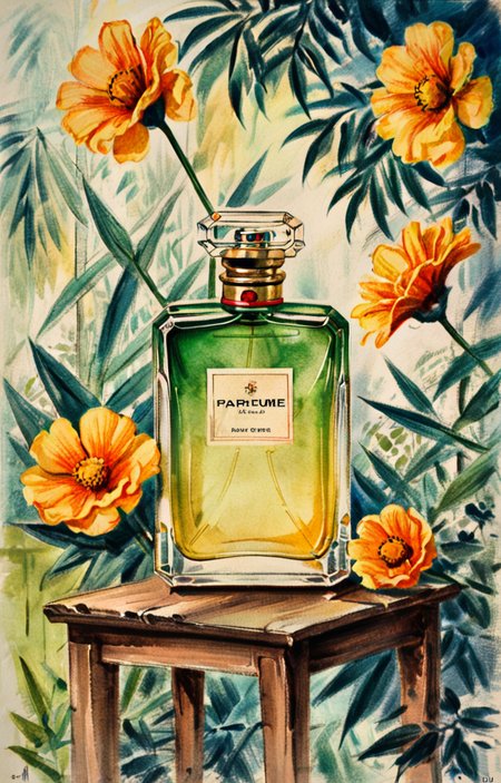 masterpiece,best quality,<lora:tbh4-sdxl:0.9>,illustration, A bottle of perfume in garden