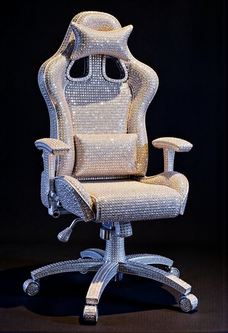 ck-iced-out-jewelz. semifront rich gaming chair made from jewels. all surfaces covered jewels. jewels are shine in the rays of light. simple dark background. bokeh. best quality, stunning detail. Product photo. studio light