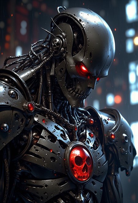 close up on face, great lighting, intricate detail, portrait of endoskeleton of terminator cybernetic machine soldier, with titanium skull and red glowing mechanical eyes, High Detail, Perfect Composition, realistic photographic image, interesting backlighting, ArsMJStyle, dnddarkestfantasy, mythp0rt