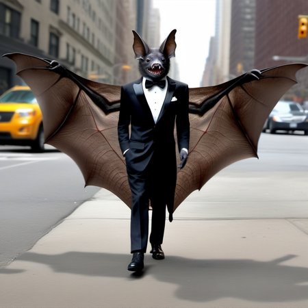 photorealistic, gentleman bats01 in a tuxedo face enhanced, on a Manhattan street,  in the style of <lora:bats01-xl:1>