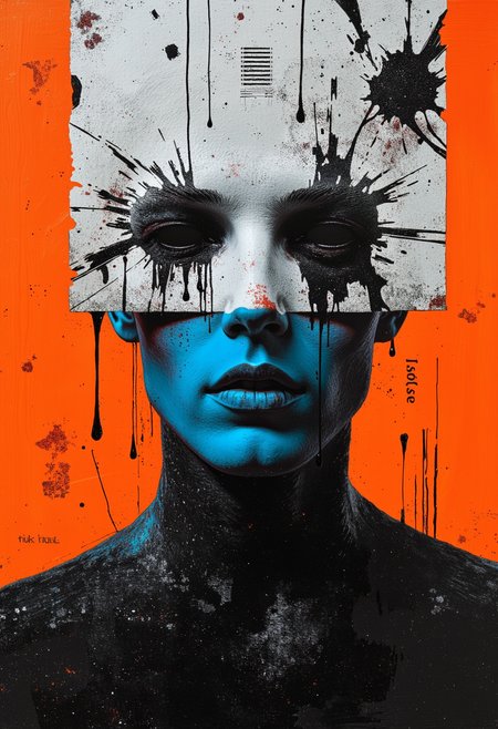 An oil painting in orange, blue, black, and white colors, depicting a waist-up portrait of a creature with a strange, flat mask that has no visible face. The mask is cracked and weathered, with black liquid oozing through the fissures, adding a sinister and unsettling effect. The creature's form is partially obscured by the abstract and textured mask, which contrasts sharply with the background colors. The painting captures the eerie and mysterious nature of the creature, with the cracked mask and flowing black liquid enhancing its dark, enigmatic presence. <lora:Glitchcore_Flux:0.7> gl1tchc0re, glitch, chromatic aberration  <lora:Wiz-The_Grit:0.45> gritty minimalism, In the corner there is a small inscription "fÃ¼ck hue", like the authorâs signature.