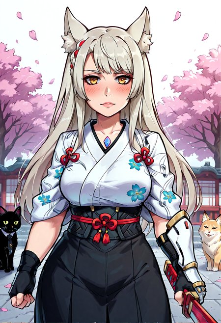 IllustriousQual, <lora:StS-Illustrious-Detail-Slider-v1.0:2> <lora:cfg_scale_boost:0.3> <lora:StS_Age_Slider_Illustrious_v1:3>,detailed_background,outdoors,black cat,sidelocks,xenoblade chronicles 3,single fingerless glove,blue cat,floral print kimono,asaba harumasa,fingerless gloves,asaba harumasa \(cat\),cat girl,necktie,cat,solo,fox ears,dress shirt,highres,zero808w,black skirt,gloves,sword,fox girl,japanese clothes,blunt bangs,hoshimi miyabi,gauntlets,cat ears,shirt,yellow eyes,skirt,high-waist skirt,floral print,closed mouth,long hair,animal ears,mio \(xenoblade\),petals,1girl,black necktie,white shirt,weapon,kimono,looking at viewer,animal ear fluff