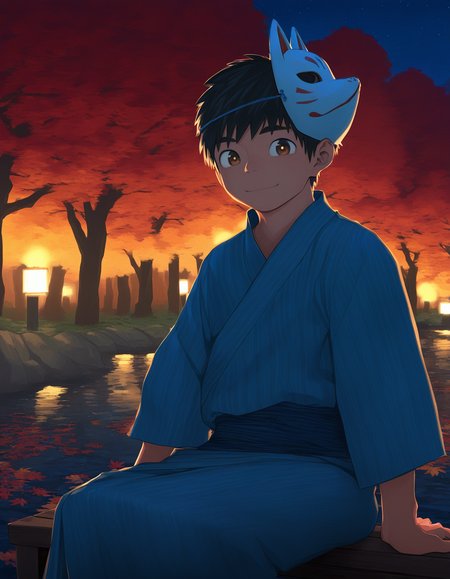 masterpiece, shounenzoom-style, 2020s, outdoors, night sky, moonlight, dark, backlighting, creek, rocks, autumn leaves, 1boy, solo, black hair, brown eyes, closed mouth, smile, looking at viewer, japanese clothes, yukata, sitting on bench, fox mask on head <lora:shounen_zoom-naixl_vpred-v7Nd-ShoAI:1>