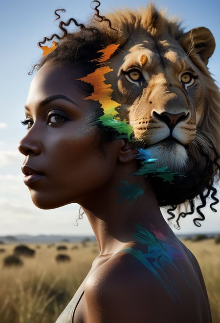 mysterious silhouette of an exotic coloured woman side by side with a lion, in african savannah, goddess, alluring, by Minjae Lee, Carne Griffiths, Emily Kell, Steve McCurry, Geoffroy Thoorens, Aaron Horkey, Jordan Grimmer, Greg Rutkowski, amazing depth, double exposure, surreal, geometric patterns, intricately detailed, bokeh,  perfect balanced, deep fine borders, artistic photorealism , smooth,  great masterwork by head of prompt engineering   <lora:add-detail-xl:2>  <lora:Double_Exposure:0.5>
