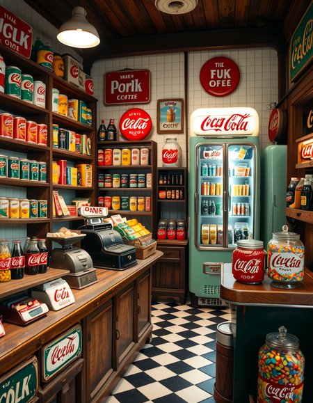 A vintage 1950s grocery store filled with nostalgic details. Wooden shelves neatly stocked with classic canned goods, glass soda bottles, and colorful retro packaging. An old-fashioned cash register sits on the wooden counter, next to a small scale for weighing produce. The checkered black-and-white tile floor adds to the mid-century charm, while hand-painted signs on the walls advertise milk, bread, and coffee in bold, retro fonts. A display of penny candy in glass jars sits near the entrance, and a vintage Coca-Cola refrigerator hums in the background. Soft, warm lighting casts a nostalgic glow over the scene, enhancing the rich textures of wood, glass, and metal, capturing the essence of a bygone era.
<lora:SDXLFaeTastic2400:0.4> <lora:extremely_detailed:0.4> extremely detailed
 <lora:1950s_grocery_st0r3:1>,1950s grocery st0r3, Masterpiece,best quality,hi res,8k,hi res,8k,award winning,(sharp focus, intricate, highly detailed),