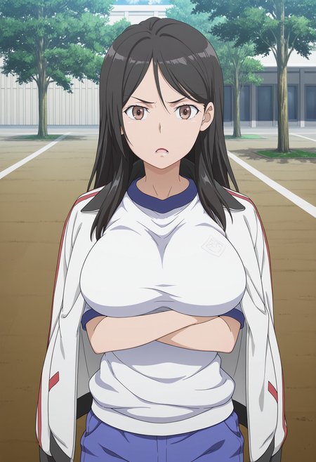 1girl,solo,mm,mature female,black hair,long hair,brown eyes,large breasts,anime coloring,
gym uniform,track jacket,white shirt,gym shorts,jacket on shoulders,crossed arms, standing,looking at viewer, light frown, open mouth, outdoors
,masterpiece,best quality,amazing quality,<lora:Seiri_Fukiyose-Toaru_Majutsu_no_Index_IL:0.8>