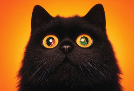 An intimate and enchanting close-up of a thick, black, fluffy cat, its velvety fur softly illuminated by warm, golden light. The frame is tightly focused on the cat’s expressive face, capturing every detail of its wide, glistening eyes. Reflected in its dark, glossy gaze is the image of a brightly lit Christmas tree adorned with colorful ornaments and twinkling lights. The tree’s vibrant reds, greens, and golds shimmer vividly, contrasting beautifully with the deep, inky blackness of the cat’s fur.
The backdrop is a rich, contrasting orange that bathes the scene in a cozy, festive glow. The lighting is soft and directional, emphasizing the intricate texture of the cat’s fur and the subtle highlights along its round cheeks and tiny, whiskered nose. Shadows are delicate, allowing the cat’s enigmatic features and the magical reflection in its eyes to take center stage.
The scene feels alive with the cat’s quiet curiosity, its gaze fixated on the dazzling holiday lights that seem to capture the spirit of the season. The composition’s intimacy draws the viewer into the moment, creating an atmosphere of wonder and warmth, where the smallest details evoke a sense of magic and joy.