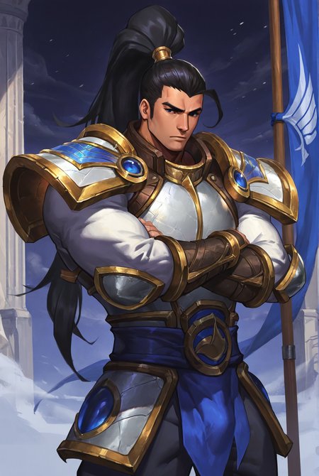 score_9,score_8_up,score_7_up,best quality,ultra-detailed,high resolution,digital painting,8k,1boy,solo,cowboy shot,male focus,bara,detailed face,ponytail,armor,black hair,long hair,shoulder armor,pauldrons,standing,crossed arms,flag,<lora:add-detail-xl:1>,<lora:XinZhao LOL:0.7>,xinzhao lol,