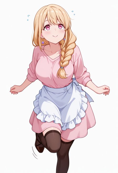 masterpiece,high quality details, absurdres,
 <lora:Yuriko:0.8>
yuriko_cnr, 1girl, blonde hair, long hair, single braid, pink eyes, mole, mole under eye,earrings,mature female,, simple background, white background, front view,solo,, blush,scared,, c:,, legs bent mid-air,standing with weight on one leg,looking up,, peacoat  ,waist apron,panel skirt,  ,var-legwear,