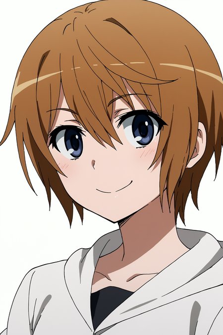 <lora:ANEMEWWW:0.8>, white background, Kinuhata Saiai, upper body, smile
