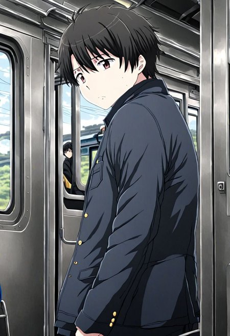 high resolution, solo, best quality, 1Boy, Inaho Kaizuka, Black Hair, train, inside train, OverallDetail