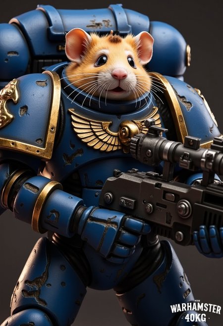 An Ultramarine torso clad in majestic, battle-scarred blue power armor, featuring the iconic gold Aquila and Ultramarines insignia, paired with massive pauldrons and intricate details. His head is that of a photorealistic (hamster:1.1) with detailed fur, whiskers and large beady black eyes. It contrasts absurdly with the seriousness of the armor. In his oversized armored gauntlets, he clutches a massive, futuristic rifle that's comically too serious for his cheerful demeanor. 
At the bottom of the image, there is a text that says "WARHAMSTER 40KG" in the usual warhammer 40k logo