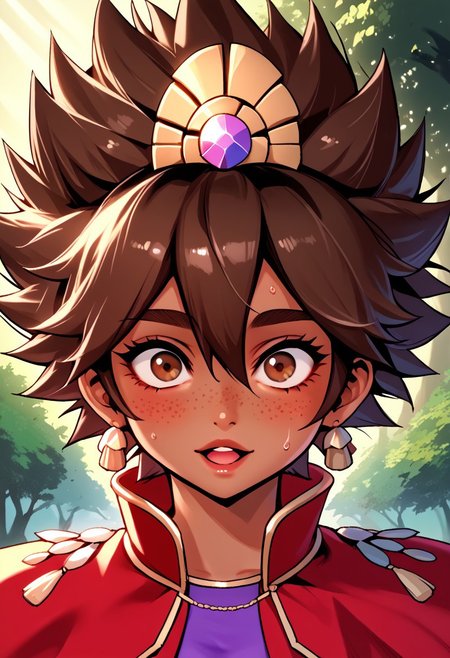 score_9, score_8_up, score_7_up, score_6_up, score_5_up, score_4_up, score_9, score_8_up, score_7_up, detailed, intricate details, chromatic aberration,  veins source_anime, , (best quality) , (highly detailed) ,((masterpiece)), ((best quality)), (ultra-detailed), ((extremely detailed)), (high resolution), 4K, (8K), best quality, (beautiful), (dynamic lighting), (super detailed skin), sharp focus, (1_girl, solo focus),  score_9,score_8_up,score_7_up,anime coloring, big eyes BREAK source_anime,anime, TaliyahLoLXL, dark skin, tanned skin, Dark skin female, dark skined, freckles, brown eyes, brown hair, short hair, sidelocks, hair between eyes, hair ornament, spiked hair, medium breasts, stone capelet, cape, red jacket, purple dress, solo,  front view, solo focus, wide eyed, panicked, panic, waving arms, mouth open, blushing, suprised, sweating, bewildered, hands up, looking at viewer, forest, tree <lora:TaliyahLoLXL:0.9>
(Upper body, portrait) , phantom_ix_row_style, masterpiece, best quality, <lora:PhantomIxRowStyle:0.9>, "Closer to artist's style"