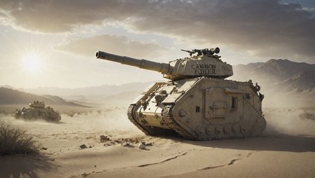 <lora:Leman_Russ_Battle_Tank_-_Warhammer_40000_SDXL:0.8> lmnrsstnk tank with a text on it saying "Cannon Fodder" in the desert, dramatic light,