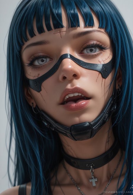 ((seductive, realistic, 3D, pinup, pinup_\(style\), science fiction, cyberpunk, portrait, cowboy_shot, blurry, bokeh, best quality, dutch angle, depth of field))
((Dre4mingDe4th, 1girl, (((solo:1.4))), long_hair, looking_at_viewer, open_mouth, bangs, blue_eyes,  simple_background, black_hair, photoshop_(medium), original, brown_eyes, jewelry, upper_body, earrings, white_hair, parted_lips, choker, tongue, teeth, artist_name, signature, dark blue hair, necklace, black_eyes, grey_background, long_hair, mole, dated, collar, lips, english_text, shiny_skin, grey_eyes, eyelashes, makeup, mask, tattoo, chain, shadow, watermark, fangs, upper_teeth, lipstick, cross, ring, piercing, web_address, close-up, portrait, ear_piercing, forehead, zipper, reflection, third-party_edit, freckles, realistic, nose, blindfold, gag, mouth_mask, red_lips, facepaint, leather, stitches, body_writing, 3d, surgical_mask, mascara, cyberpunk, nose_piercing, tongue_piercing, lip_piercing))