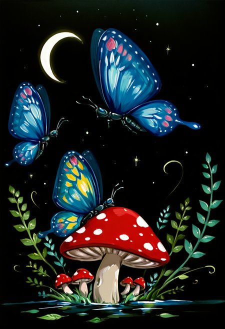 masterpiece, best quality,  <lora:StylizedNightscape_IXL:1.0>,   N1ght, simple background, flower, water, leaf, moon, bug, plant, black background, butterfly, star (sky), mushroom, crescent moon