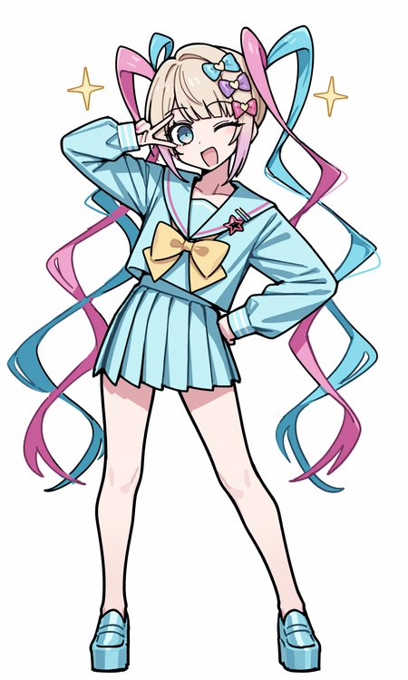 chouzetsusaikawa tenshi-chan, 1girl, solo, long hair, looking at viewer, smile, open mouth, blue eyes, simple background, shirt, skirt, blonde hair, long sleeves, white background, bow, very long hair, twintails, standing, blue hair, school uniform, full body, pink hair, multicolored hair, heart, hair bow, pleated skirt, one eye closed, serafuku, sailor collar, blue skirt, sketch, hand on own hip, v, sparkle, blue bow, blue shirt, pink bow, yellow bow, purple bow, blue footwear, platform footwear, multiple hair bows, v over eye, quad tails,
rating safe, caststation illu,
masterpiece, best quality, amazing quality, highres, newest,  <lora:[illustrious]_caststation_illustration_v1_(MikuMasterRace):1.0>
