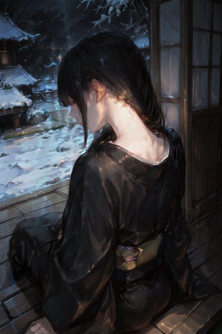 artist:, masterpiece, newest, very aesthetic, very awa, absurdres, highres, 1girl, long straight black hair, looking outside, black kimono, sitting on porch, facing away, snowy garden, view from behind, tatami, neck, neck focus, hair over shoulder, close shot, night, warm lighting