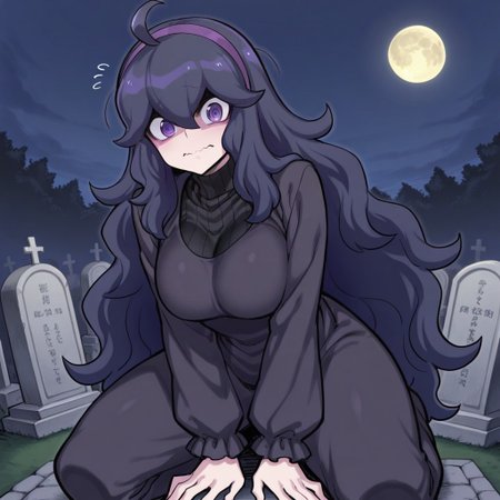 score_9, score_8_up, score_7_up, score_6_up,
1girl, hexmaniac(spacezin style-ixl), dark blue hair, purple eyes, spiral eyes, @_@, white pale skin, very long hair, ahoge, hair between eyes, bangs, purple hairband, messy hair, wavy hair, c-cup breasts,
looking at viewer, shaded face, (wavy mouth:1.2),  
sharp image, eye-catching, perfect quality, best quality, detailed,
detailed environment, dynamic pose, kneeling, nervous, shy,
outdoors, night, dark shadows, full moon, (graveyard:1.1), (tombstones:1.2),