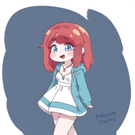 1girl,blue eyes, breasts, dress, hood, hoodie, jewelry, medium hair, necklace, red hair, small breasts, smile, solo