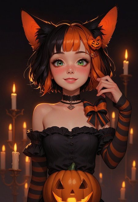 score_9, score_8_up, score_7_up, score_6_up, 
1girl, 25 years old, perfect face, cute, petite, (close view), close-up, 
multicolored hair, black hair, orange hair, short hair, orange hair bow, pumpkin hair ornament, 
fox ears, freckles,
green eyes, 
black choker, necklace, 
halloween costume, striped clothes, orange dress,  black dress, frilled dress, bare shoulders, short sleeves,  arm warmers, arm up,
halloween, candles,
blush, shy smile, 
portrait, face focus, detailed face,