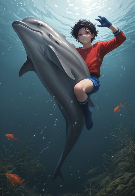 score_9, score_8_up, score_7_up, boy riding a dolphin holding a fin swims in the sea, 1boy, Aqualad, Black Hair, Purple eyes, Grey Skin:1.5, Pointy Ears:1.5, red scale shirt, blue gloves, blue shorts, blue boots, fully submerged, dolphin, fish, water, masterpiece, school of fish, seaweeds, seashells, bubbles, light beams, light coming from above, best quality, ultra-detailed, studio photo, 8k cg wallpaper, Light sources around, fully illuminated body, white balance, more_details:1.5
