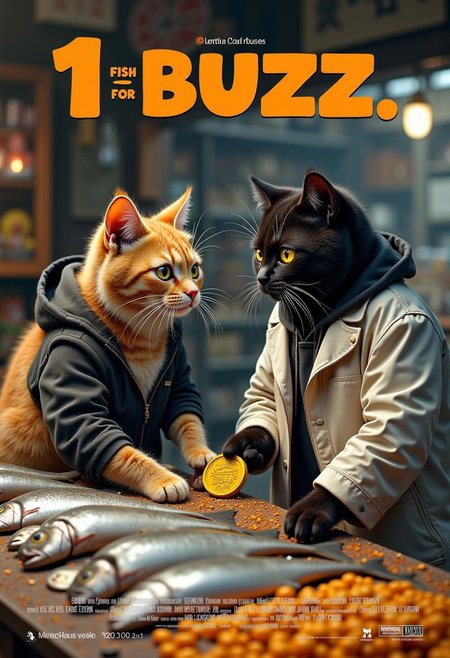 a realistic picture,((((Display the text " 1 fish for buzz, " on top a movie poster))))
Movie poster of fish transaction between orange cat and black cats, ((orange cats wearing pants and military boots and  wearing black hoodie, and  the orange cats standing in front fish stall in market, the black cat wearing white casual suit, buy fish in his stall  the black cat hand offer BUZZ COIN,( the usual stacks of cash  Instead, the shelves are lined with small, neatly arranged coins, each shaped like a tiny, stylized orange lightning bolt. The coins are labeled as "Buzz." )) to a fishmonger cat, 8k, ultra detailed, at the market, <lora:cashbaba:0.6>  <lora:xl_more_art-full_v1:0.5> I  background: traditional fish market ,his two paws are grasping onto a bright yellow buzz coin,that is almost his size as he is trying to drag it off the counter top, logo:1.9 <lora:Harrlogos_v2.0:1.9>, (full body shots),