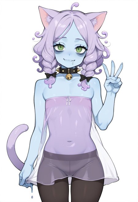 score_9, score_8_up, score_7_up, score_6_up, 1girl, solo, source_anime, blue skin, drooling, translucent body, transparent body, messy hair, braided bangs, bags under eyes, cat ears, cat tail, slime hair, slime girl, spiked collar, light lavender minidress, pantyhose, hair ribbon, simple background, white background, looking at viewer, naughty smile, cowboy shot, v, flat chest, plump, curly hair, medium hair, braided hair, green eyes