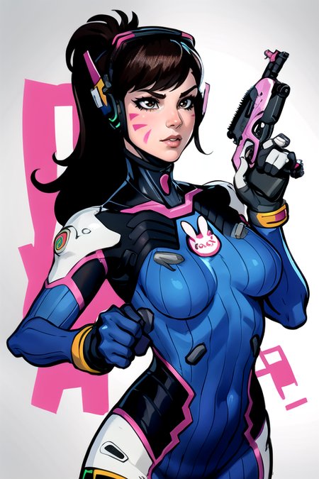 masterpiece,best quality,<lora:dva:0.8>,dva,1girl,solo,long hair,breasts,bangs,brown hair,black hair,gloves,holding,upper body,ponytail,weapon,holding weapon,lips,gun,bodysuit,night,swept bangs,headphones,facial mark,animal print,holding gun,skin tight,handgun,pilot suit,whisker markings,facepaint,shoulder pads,charm (object),blue bodysuit,finger on trigger,bunny print,