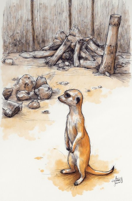 Sharp image of a rough sketch, rendered in vibrant multi colour ballpoint pen, capturing the adorable features of a meerkat standing on its hind legs on a sandy ground. It is facing towards the right side of the image and appears to be looking off into the distance. The background is blurred, but it seems to be an outdoor enclosure with a wooden fence and a pile of driftwood. There are also a few tree trunks and branches scattered around the enclosure.  p3nsk, <lora:p3nsk:1>