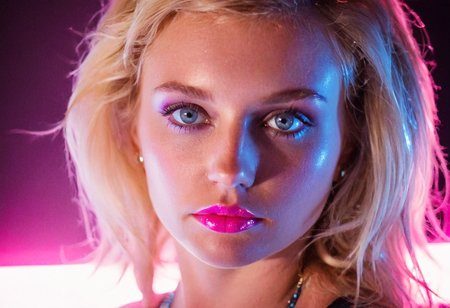 (80sPortrait), beautiful blonde woman, blue eyes, makeup, neon lights