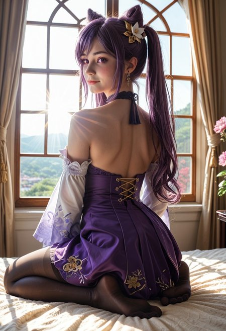 score_9, score_8_up, score_7_up, score_6_up, (highest quality), ((photorealistic:1.2)), SkinHairDetail, realistic, 8k uhd, HDR, dslr, Fujifilm XT3, (masterpiece:1.4), real life photo, blushing, shiny skin, cute pose, late afternoon light, god rays, volumetric lighting, vivid colours, 18 year old, small waist, asian, 
keqing, purple eyes, purple hair, long hair, twintails, cone hair bun, double bun, hair ornament, flower,
bare shoulders, black pantyhose, choker, detached sleeves, wide sleeves, earrings, frills, purple dress, skirt, purple gloves, tassel,
Lying, 1girl, on stomach, from behind, looking back, shy smile, blush, foot focus, full body, view from below
,
Indoor, window, curtains