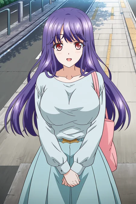 anime screencap, anime coloring, detailed face, masterpiece, best quality, very aesthetic, absurdres, volumetric lighting, official style, amazing quality, ultra detailed,  highres, amazing quality, scenery, beautiful detailed hair, beautiful detailed eyes, <lora:StS-Illustrious-Detail-Slider-v1.0:4>
 <lora:Touka_Tsudagawa_Fumika_Takayanagi_Kyouko_Sawai_and_Kyouko_Takayanagi_Mama_Katsu:1>
Kyouko Sawai (character), 1girl, solo, long hair, purple hair, red eyes, large breasts, bag, long blue skirt, road, open mouth, street, own hands together, outdoors
cowboy shot, looking at the viewer, smile