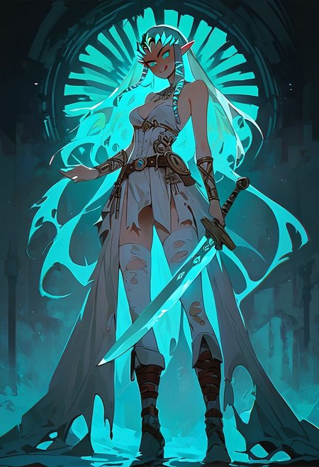 score_9, score_8_up, score_7_up, score_6_up, NLSTN, 1girl, 20 year old,  long blond hair:1.5, princess zelda, medium perky breasts, torn bride dress, cyan ribbons in hair, cleavage, long legs, cyan eyes, white thighhigh boots,  evil grin, licking lips, heavy blushing, medium ass, detailed background, glowing, dark, standing, huge cyan sword,
